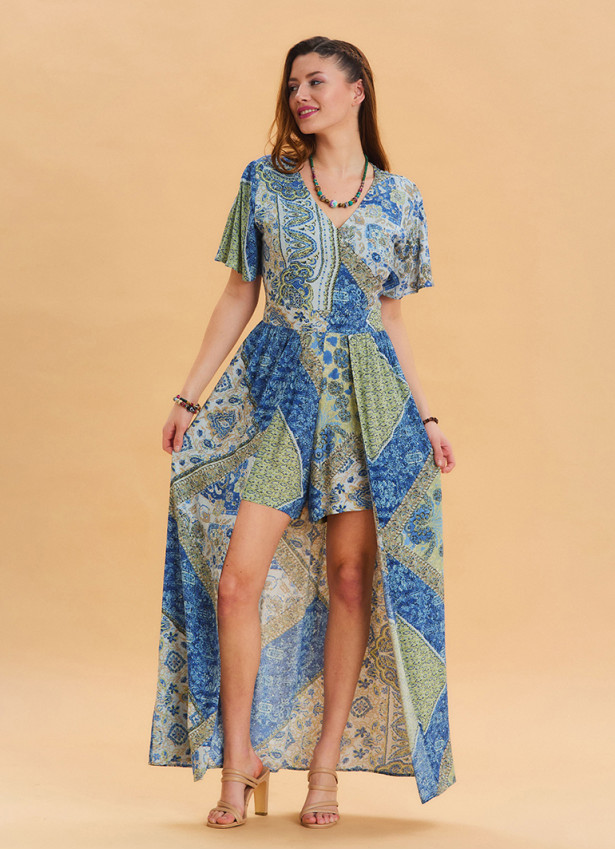 Blue Women's Ethnic Jumpsuit with Flounce Sleeves and Shorts Detail 4489